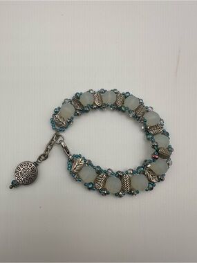 Aqua Bead and Silver Leaf Bracelet
